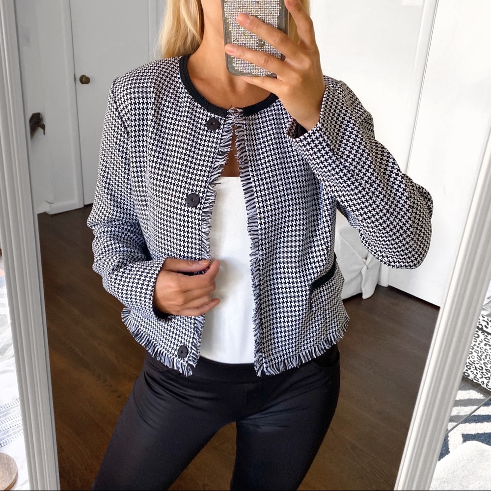 🖤 VOYELLES BLACK & WHITE CHECKERED FRINGE FALL BLAZER JACKET! - Picture 11 of 11